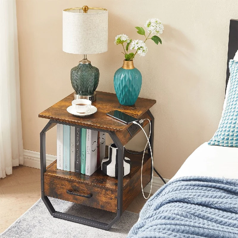 2-Tier Octagonal Nightstand with Charging Station Bedside Table with One Drawer Coffee Table with Open Storage Shelf