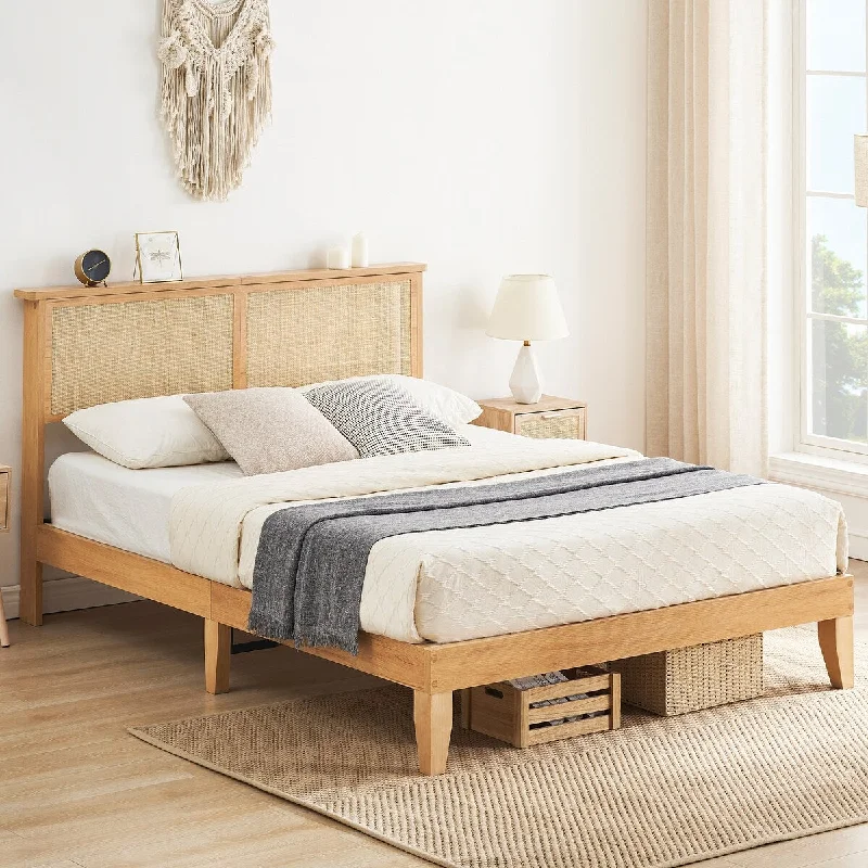 Ail Modern Wooden Platform Bed Frame with Natural Rattan Headboard