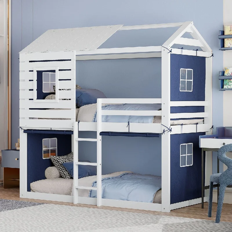 Blue Wood Twin House Bunk Bed w Window, Tent, Roof, Guardrail & Ladder