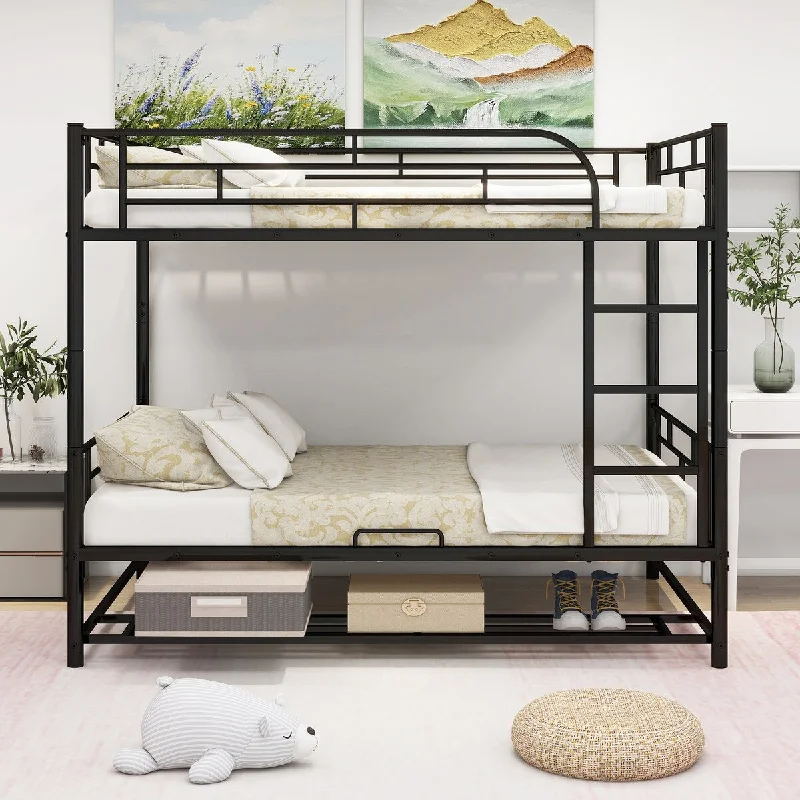 Bunk Bed with Ladder, High Guardrail, Storage Shelf - Noise Free Full Over Full Size Bed, Able to Split Black Metal Bunk Bed