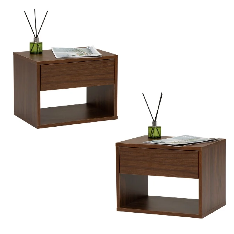 Classic Walnut Wall Mounted Bedside Table, Available in Single and Double Sets, Featuring Drawer and Shelving Space