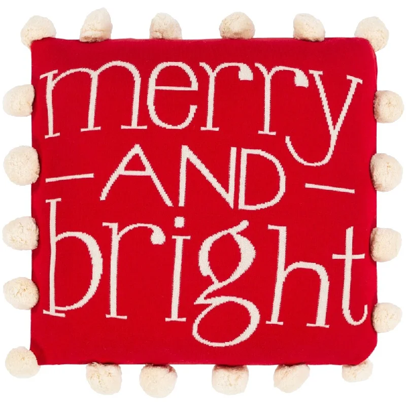 Claude Knitted "Merry and Bright" Pom Pom 18-inch Throw Pillow Cover