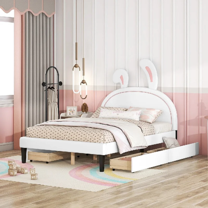 Cute Design Full Size Bed White Upholstered Bed for Toddler Platform Leather Bed with Rabbit Headboard, 4 Drawers Storage Bed