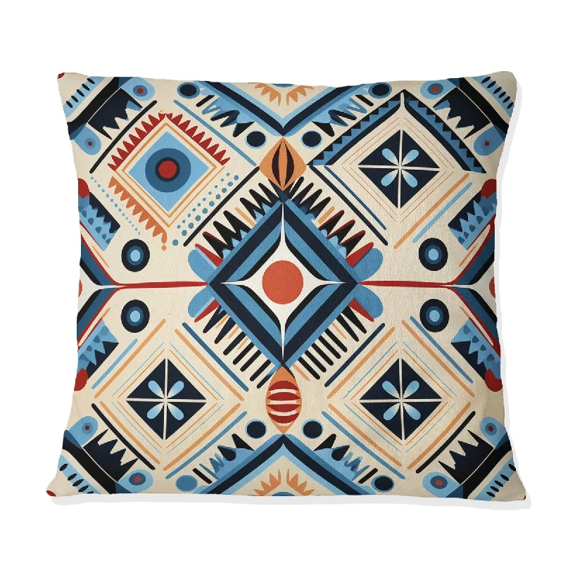 Designart "Beige And Blue Tribal Essence Geometric" Geometric Printed Throw Pillow