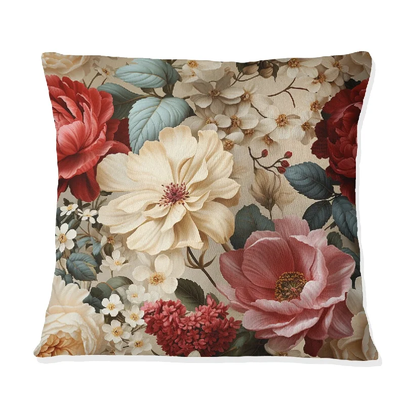 Designart "Beige Vintage Charm Floral Pattern" Floral Printed Throw Pillow