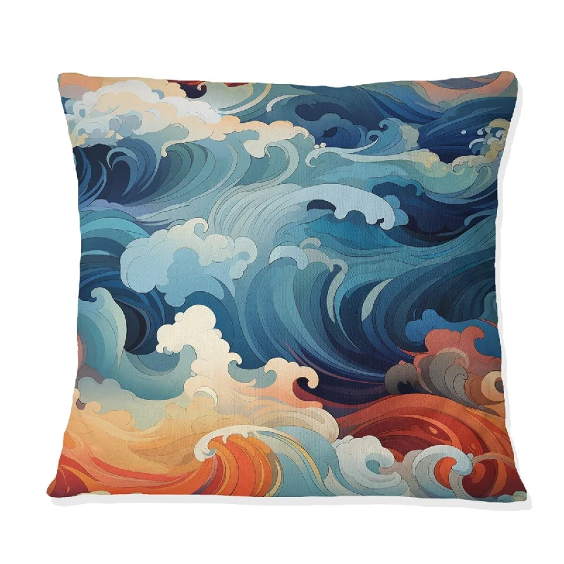 Designart "Blue And Orange Swirling Harmony Waves I" Abstract Printed Throw Pillow