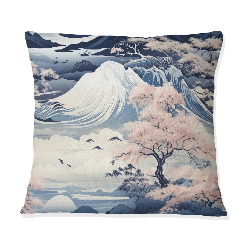 Designart "Blue And Pink Zen Japanese Landscape" Japanese Printed Throw Pillow