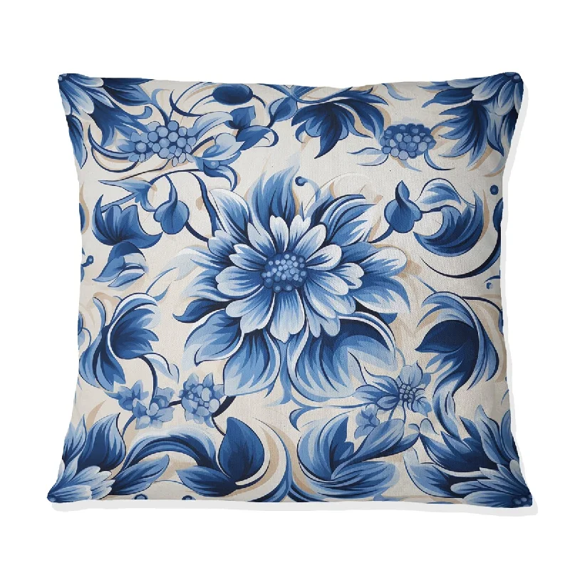 Designart "Blue And White Manx Mosaic Flowers" Damask Printed Throw Pillow