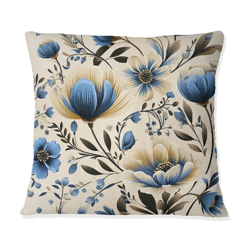 Designart "Blue & Ivory Coastal Elegance Floral Pattern I" Floral Printed Throw Pillow