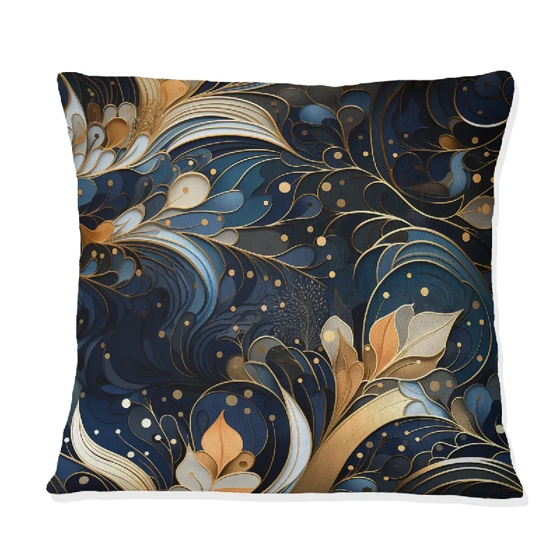 Designart "Midnight Blue And Golden Floral Marble Pattern II" Marble Printed Throw Pillow