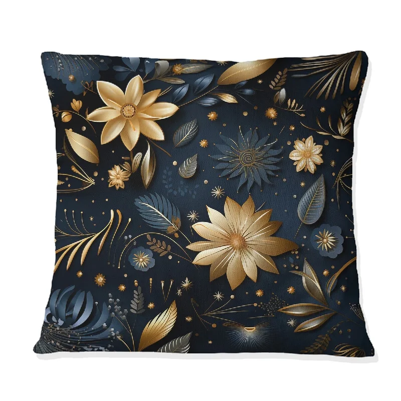 Designart "Midnight Blue And Golden Floral Marble Pattern" Marble Printed Throw Pillow