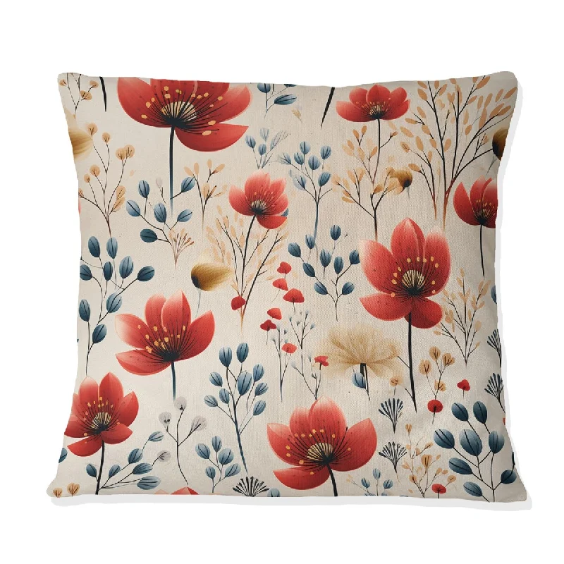 Designart "Red And Beige Cottage Floral Pattern II" Floral Printed Throw Pillow