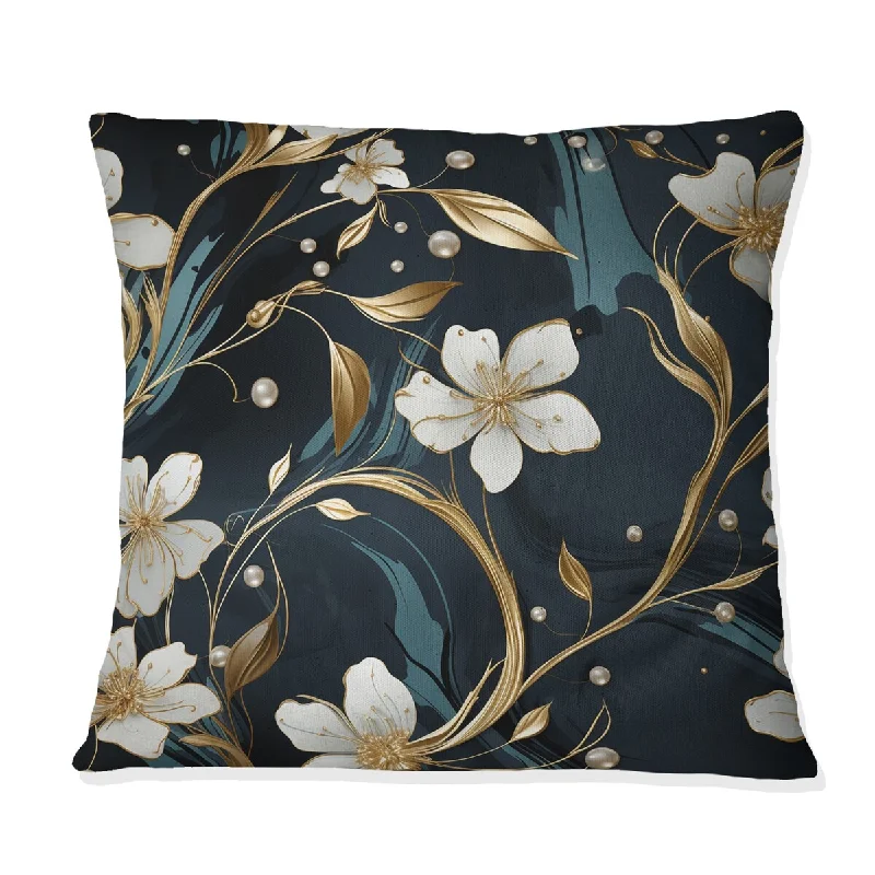 Designart "Rich Emerald And Gold Floral Marble Pattern" Marble Printed Throw Pillow