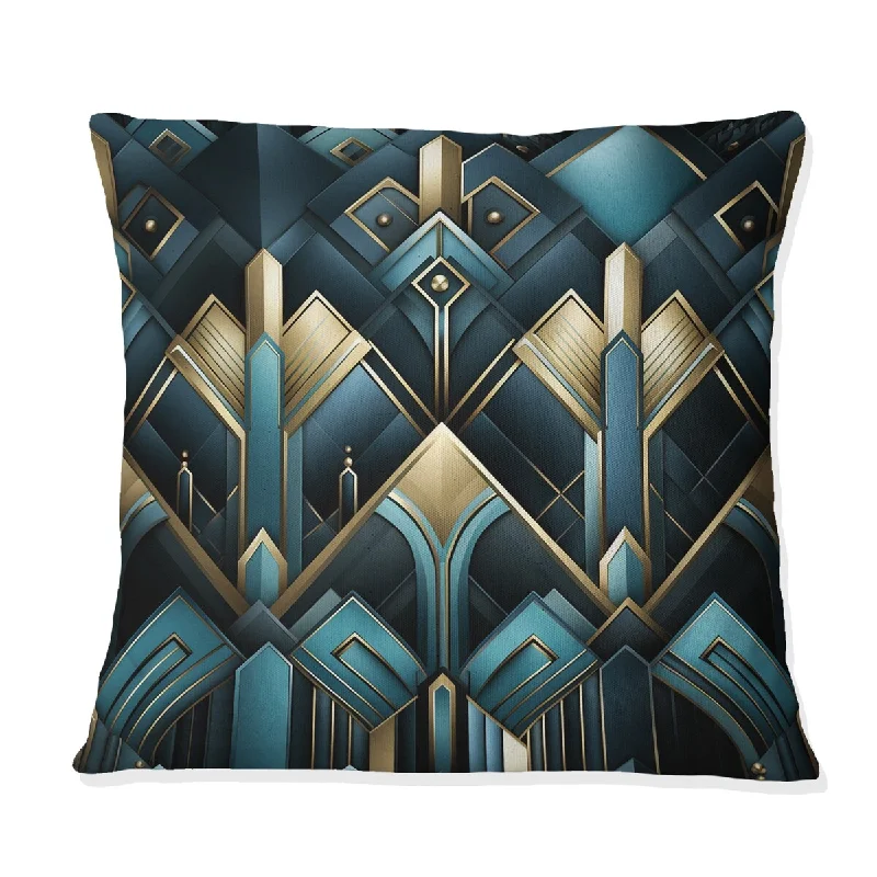 Designart "Teal And Gold Art Deco Geometric Glamour I" Damask Printed Throw Pillow