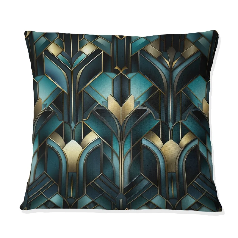 Designart "Teal And Gold Art Deco Geometric Glamour II" Damask Printed Throw Pillow