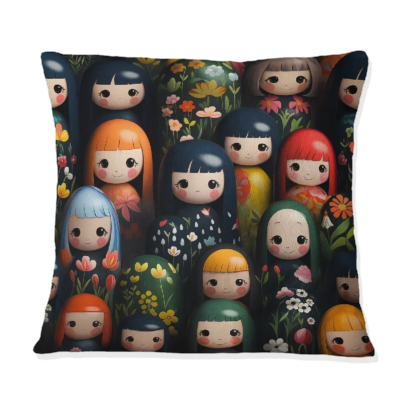 Designart "Vibrant Japan Kokeshi Doll Diversity III" Japanese Printed Throw Pillow