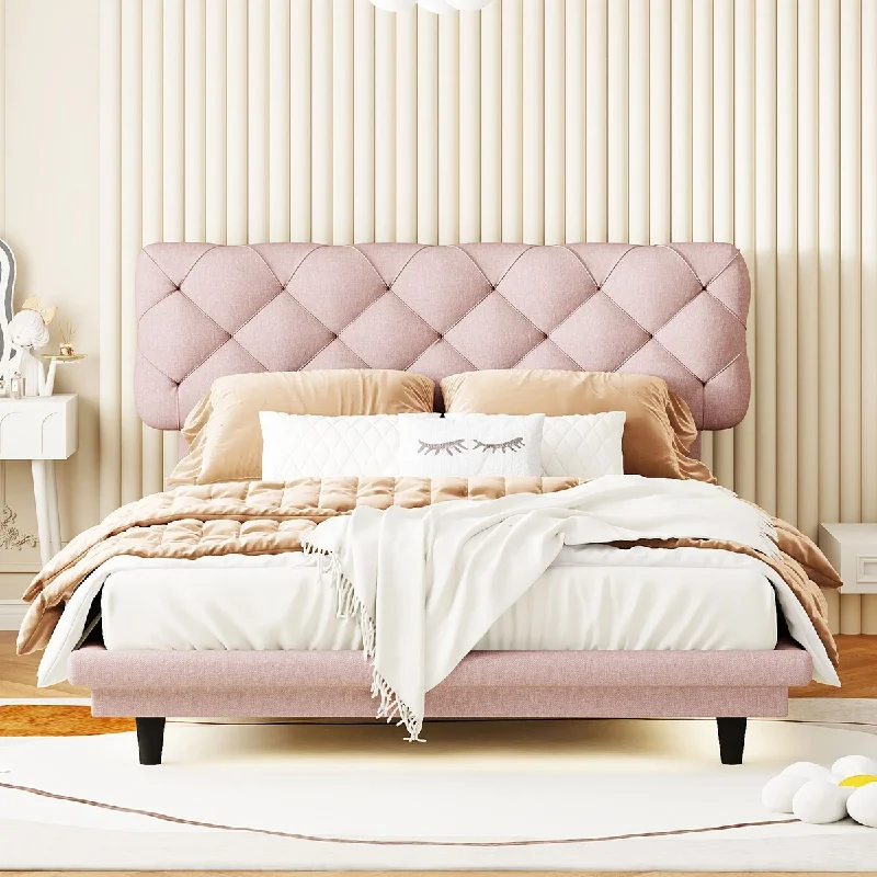 Full Size Pink Floating Platform Bed Low Profile Platform Bed Upholstered Bed Frame with Light Stripe and Headboard, Linen