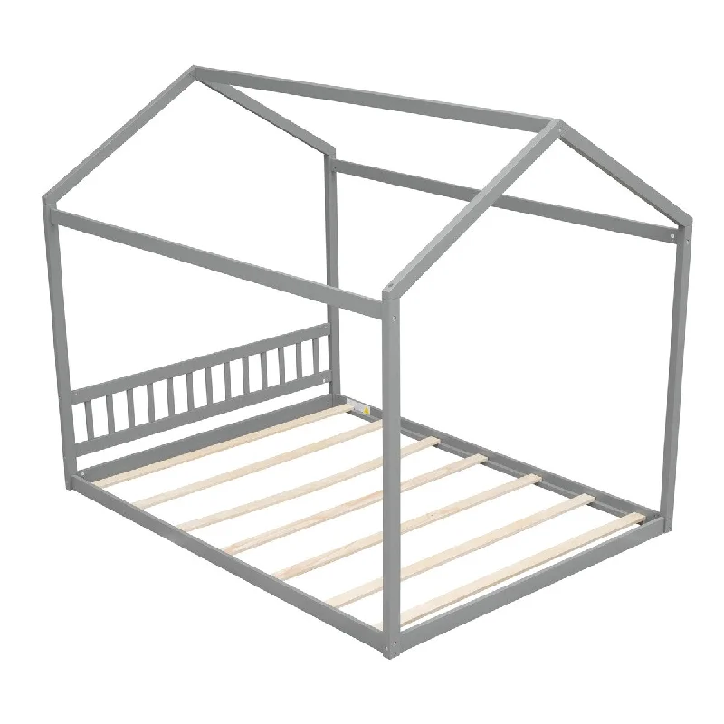 House-shaped Frame Gray Queen Size Bed with Roof and Fence