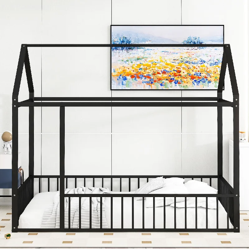 Household House-shape Bed, Black Metal Frame Bed Full Size Toddler Floor Bed with Fence and Apex Roof, Low-profile Bed