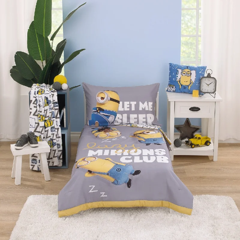 Illumination Lazy Minions Club Gray, Blue, Yellow, and White Let Me Sleep 4 Piece Toddler Bed Set