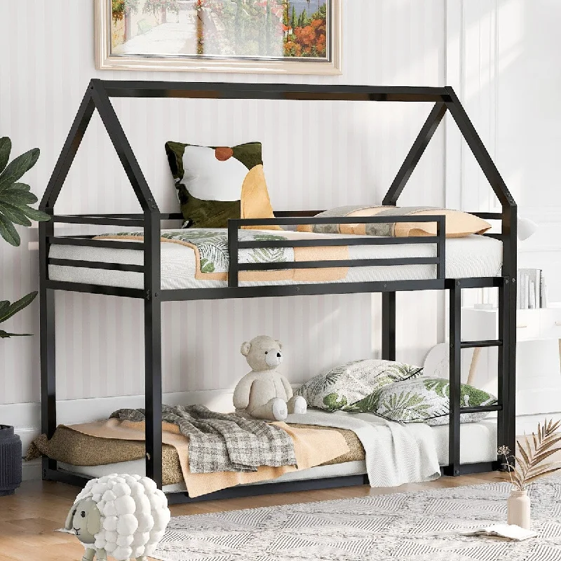 Metal Black Bunk Frame House-shaped Bed, Twin Over Twin Bed with Roof and Ladder, No Box Spring Needed, Bunk Low Floor Bed