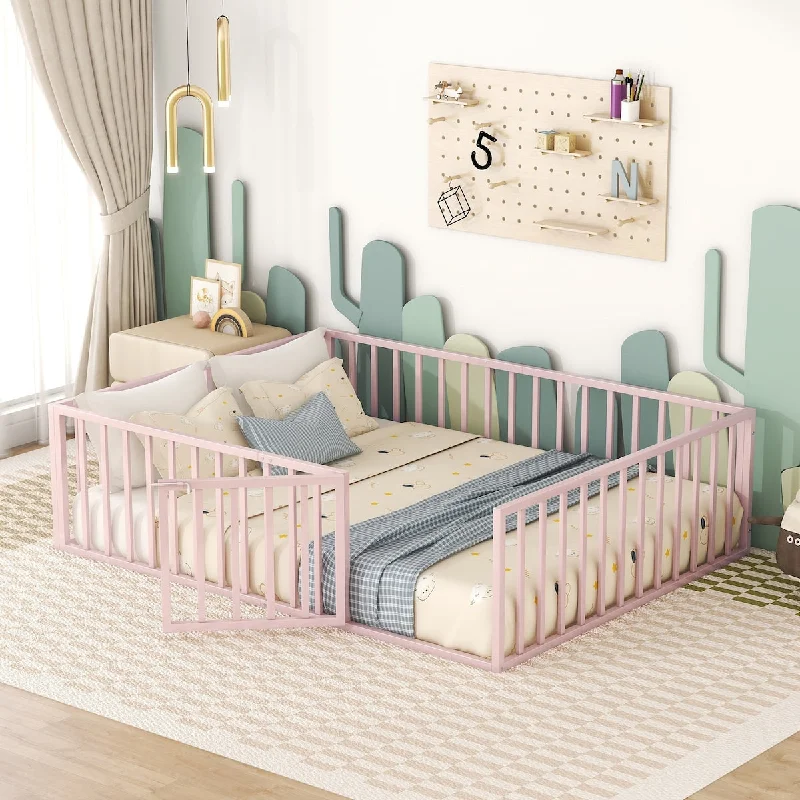 Metal Montessori Bed Frame with Door and Fence for Children Boys Girls Kids Metal Fence Toddler Floor Bed