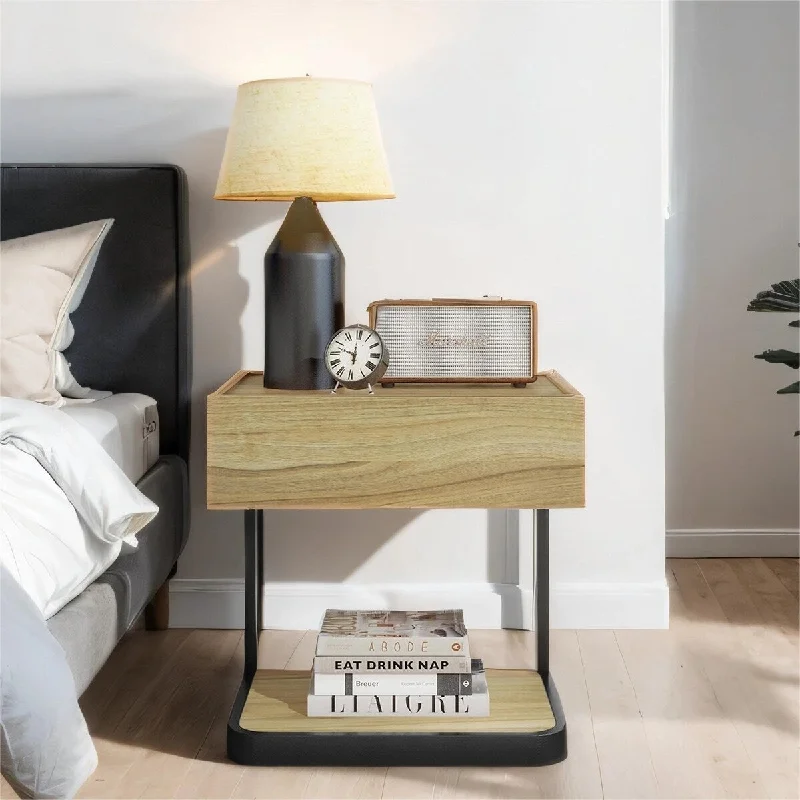 Metal Wood Combined Bedside Table, Nightstand with One Drawer