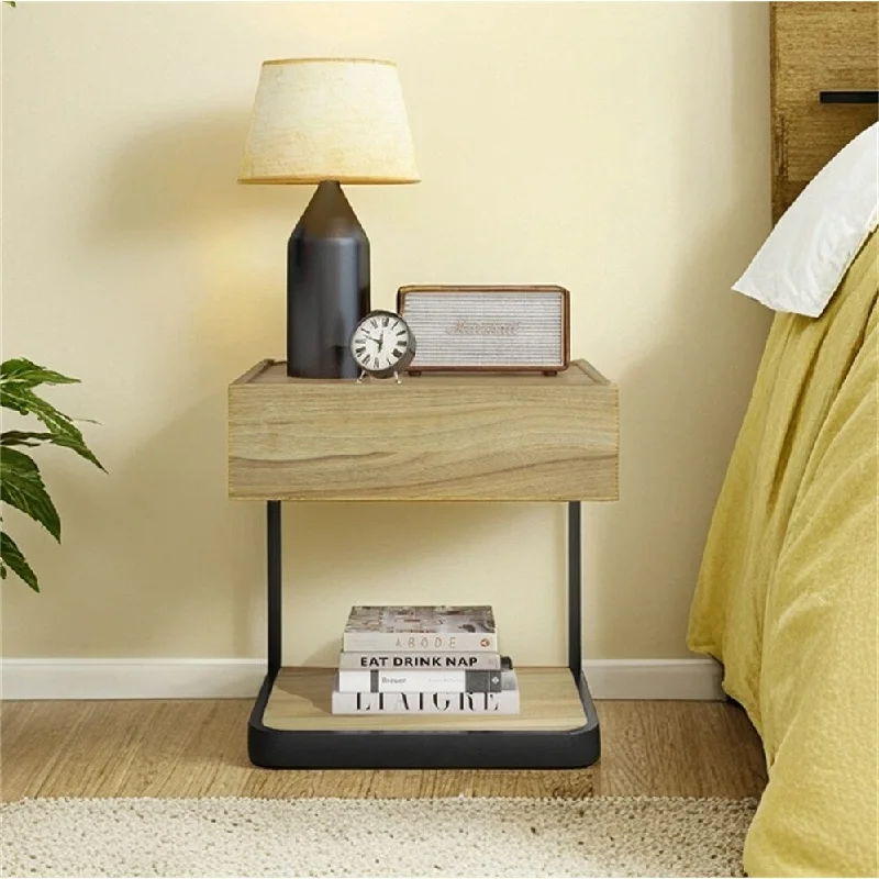 Nightstand With 1 Drawer,Metal Wood Combined Bedside Table