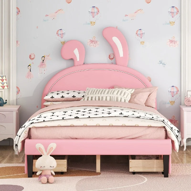 Pink Upholstered Leather Bed for Toddler Platform Bed with Rabbit Headboard, 4 Drawers Storage Bed, Cute Design Full Size Bed