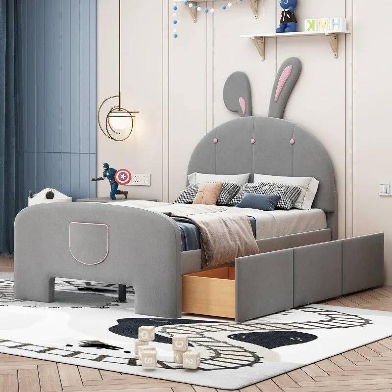 Platform Bed Twin Size Rabbit-Shaped Bed Frame with 3 Drawers & Bed-End Storage Pocket, Gray Velvet Children's Upholstered Bed