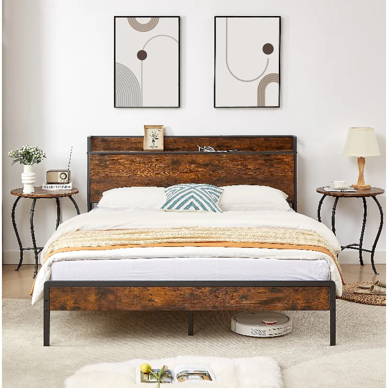 Queen Size Metal and Wood Charging Platform Bed