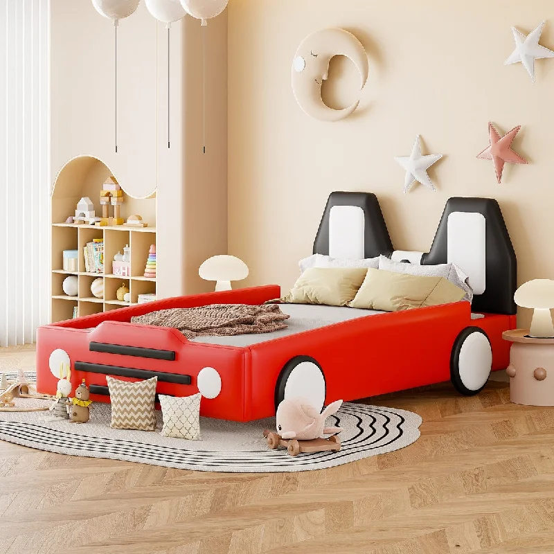 Red Bed Frame Race Car-shaped Upholstered Bed Twin Size Grounded Slat Support Toddler Floor Bed for Children Platform Bed