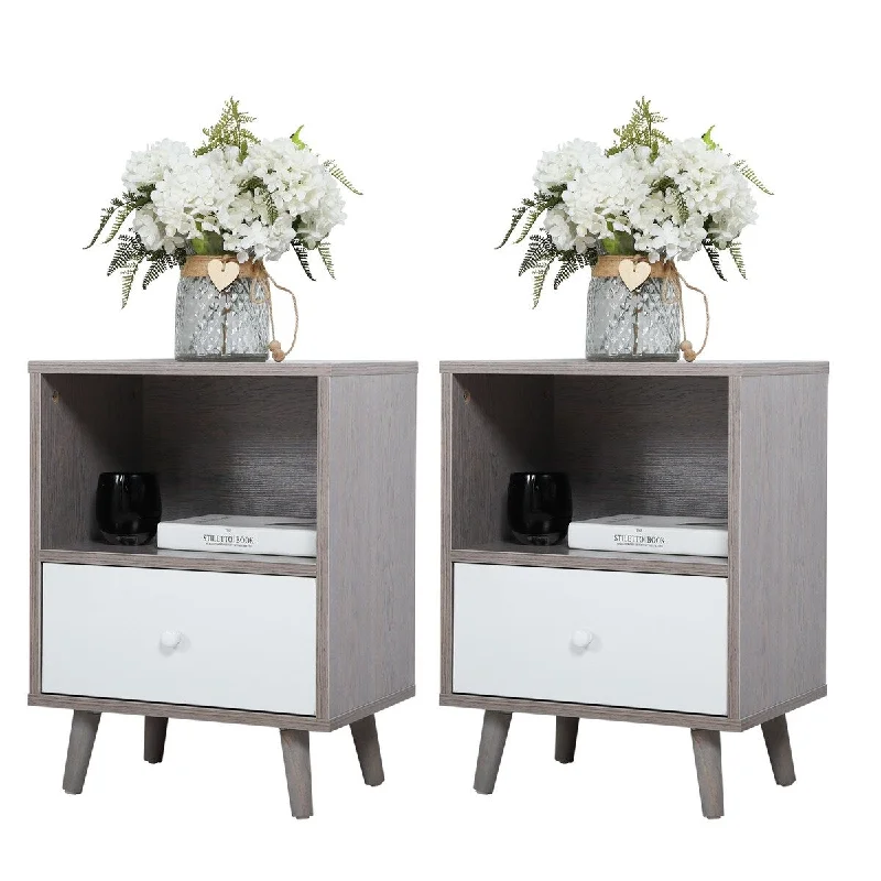 Set of 2 Low Foot Bedside Table with Drawer-Gray