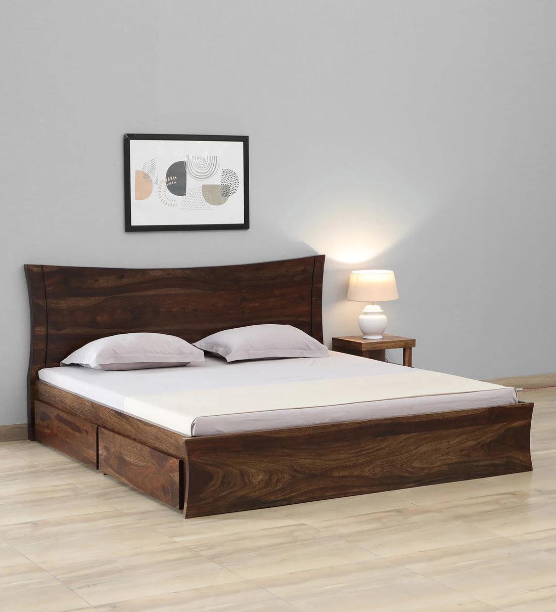 Sheesham Wood King Size Bed In Provincial Teak Finish With Drawer Storage