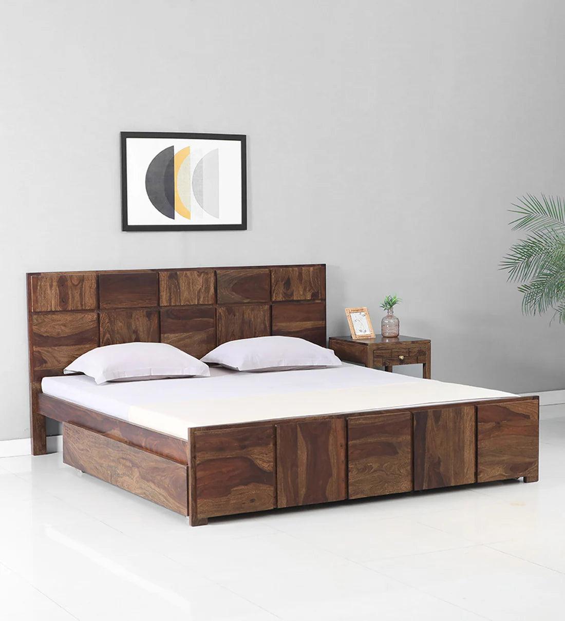 Sheesham Wood King Size Bed In Provincial Teak Finish With Drawer Storage