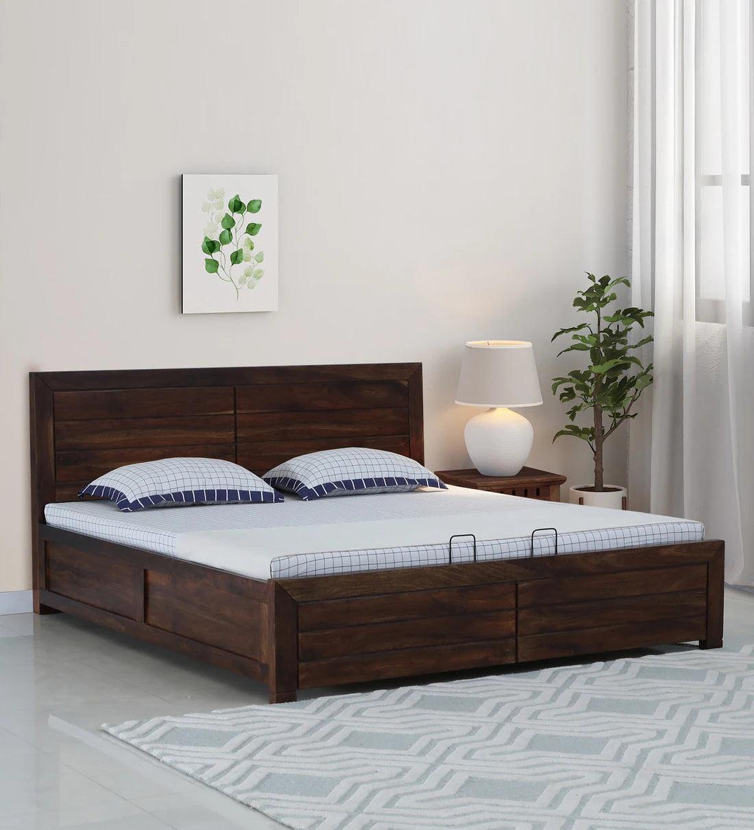 Sheesham Wood King Size Bed In Provincial Teak Finish With Hydraulic Storage