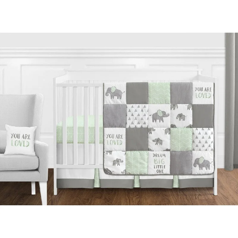 Sweet Jojo Designs Mint, Grey and White Watercolor Elephant Safari Collection Unisex 11-piece Crib Bedding Set