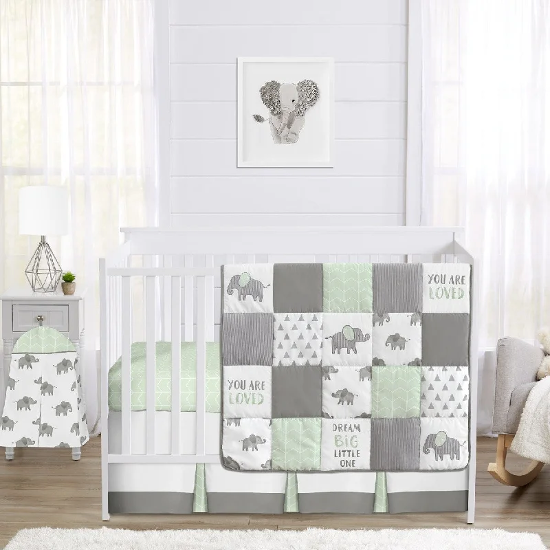 Sweet Jojo Designs Mint, Grey and White Watercolor Elephant Safari Collection Unisex 4-piece Crib Bedding Set