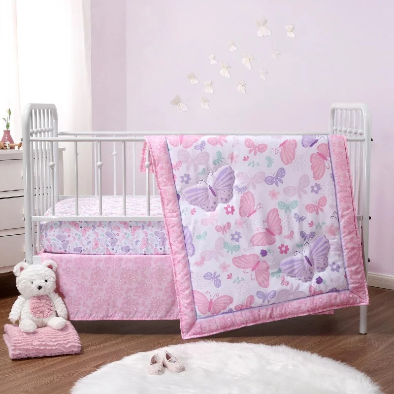 The Peanutshell Pink and Purple Butterfly Song Crib Bedding Set for Baby Girls, 3 Piece Nursery Set