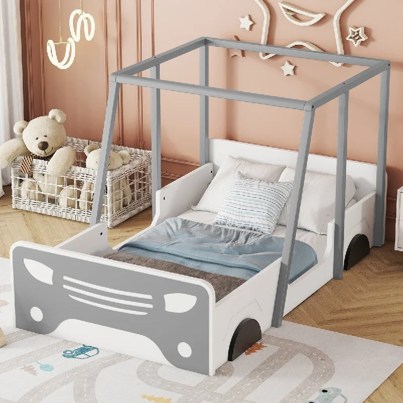 Twin Bed Frame No Slats Floor Bed Wood Structure Car-shaped Bed Full of Imagination Kids Bed with Top Frame and Wheels