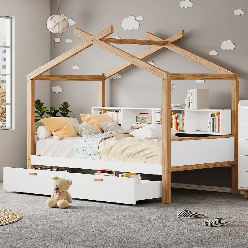 Twin/Full Wooden House Bed with Drawers and Bookshelf - Ideal for Children or Guest Rooms