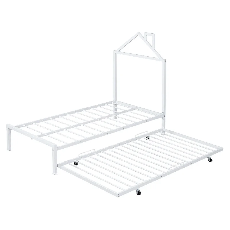 Twin Metal Platform Bed with Trundle & House-Shaped Headboard, White