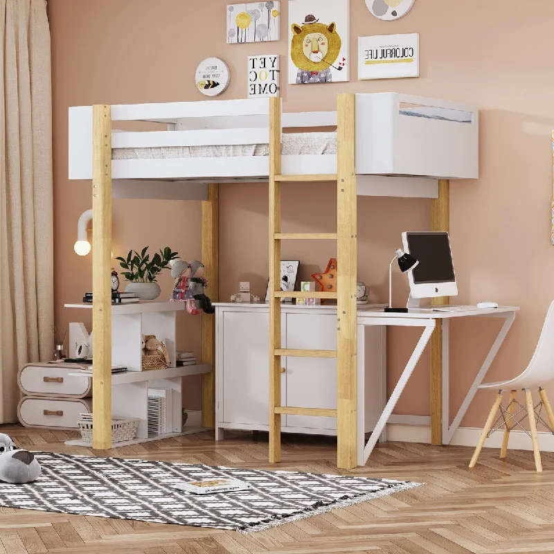 Twin Size Multifunctional Loft Bed Student Loft Bed Wood Bed Frame with All-in-One Cubes, Desk and Cabinet Slats Support - White