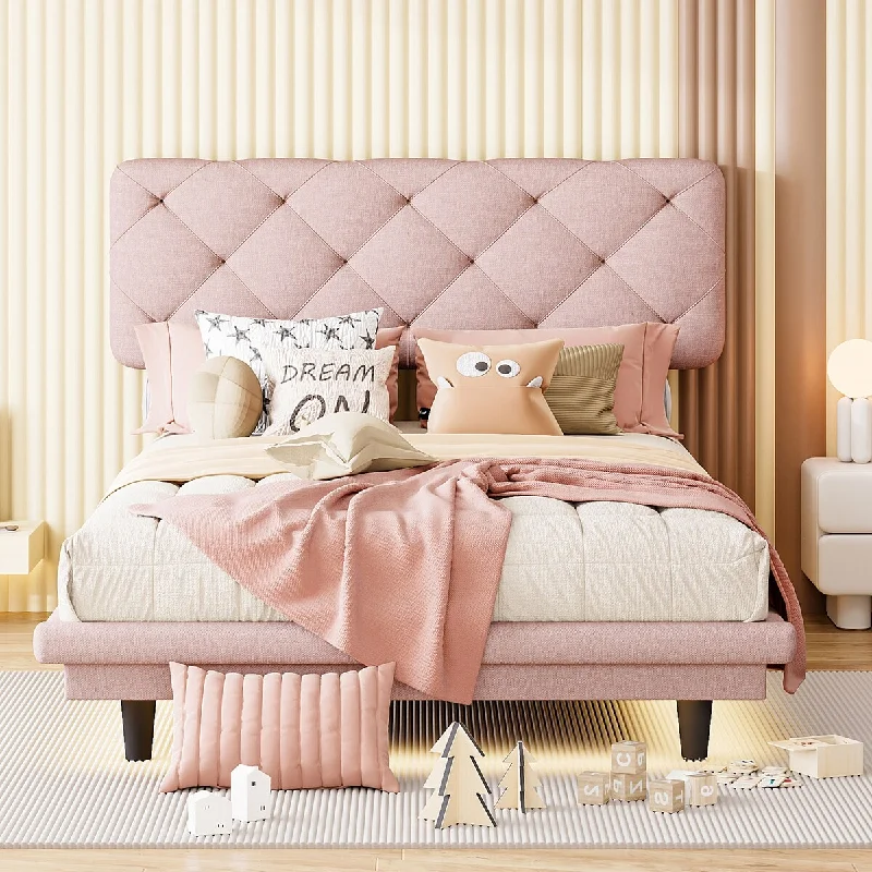 Twin Size Pink Floating Platform Bed Low Profile Platform Bed Upholstered Bed Frame with Light Stripe and Headboard, Linen