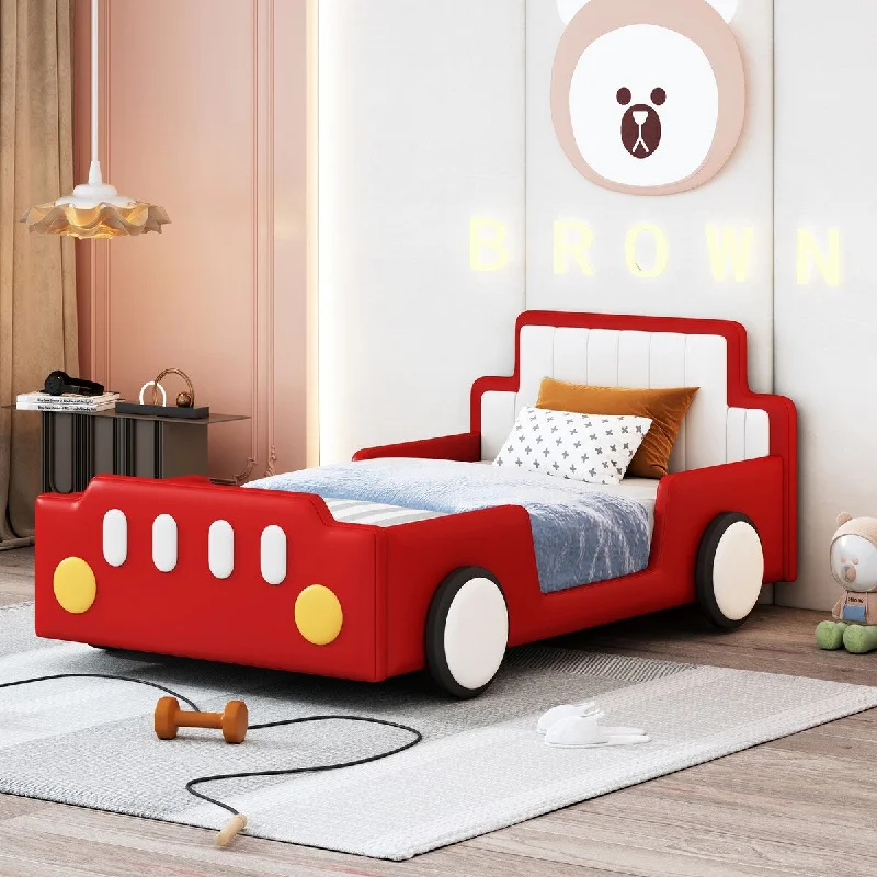 Twin Size Race Car Bed with Wheels, Kids Car-Shaped Beds with Safety Guardrail, Slats Support, Wooden Platform Bedframe