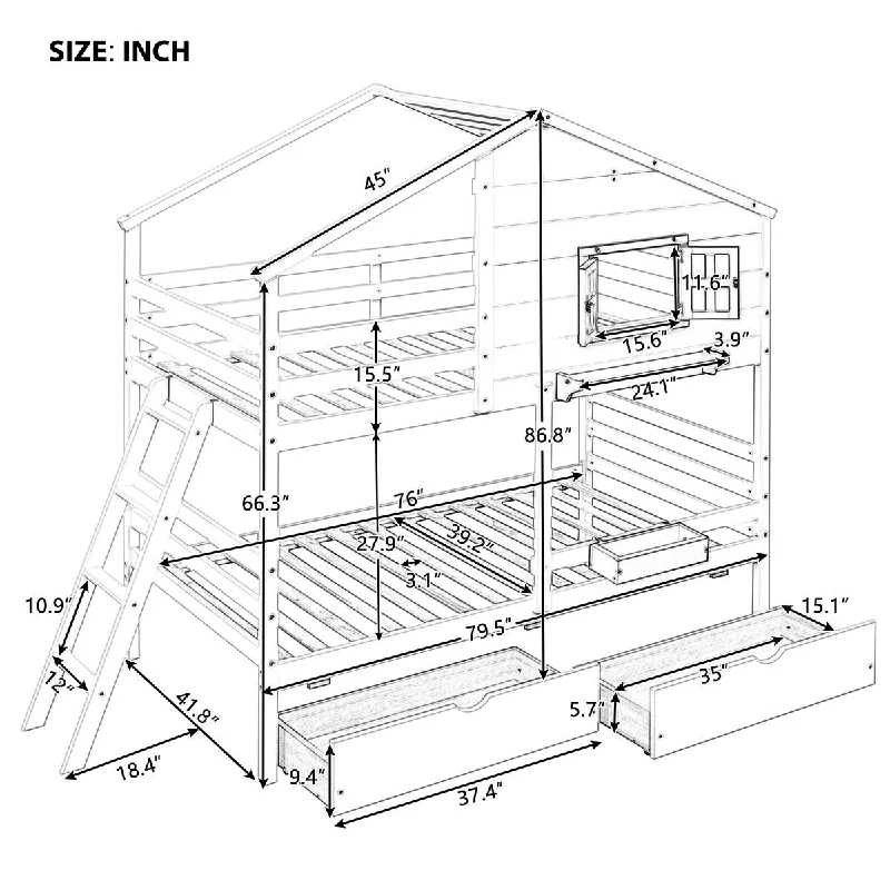 Twin-Twin Bunk Bed Frame with Semi-enclosed House Roof Frame, 2 Drawers, Shelf, Storage Box, Windows, Ladder, Guardrail