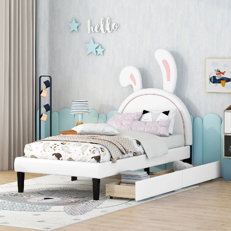 Upholstered Leather Bed for Toddler Platform Bed with Rabbit Headboard, Pull-out Drawers Storage Bed, Cute Design Bed