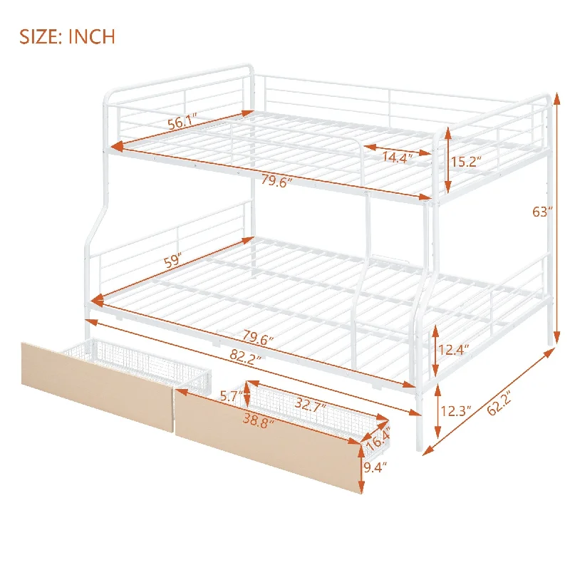 White Metal Bunk Bed Frame Full XL Over Queen wDrawers, Ladder Convertible Storage Bed & Guardrails Platform Bed for Apartment