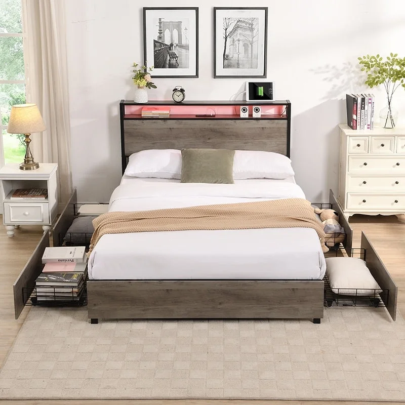 Wood and Metal Charging Platform Bed with Storage Headboard