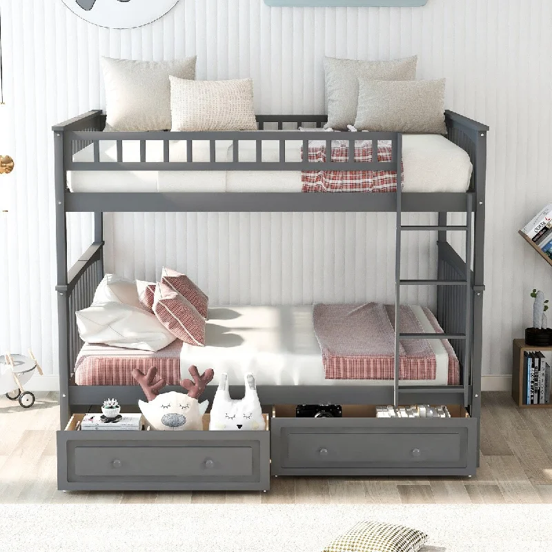 Wood Bunkbeds for Kids Teens Adults, Convertible into Two Bedframe, Gray Full Over Full Bunk Bed with Storage Drawers